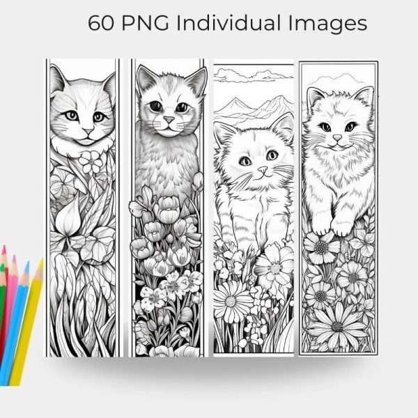 Set of 60 Cat-Themed Printable Bookmarks to Color - Image 4