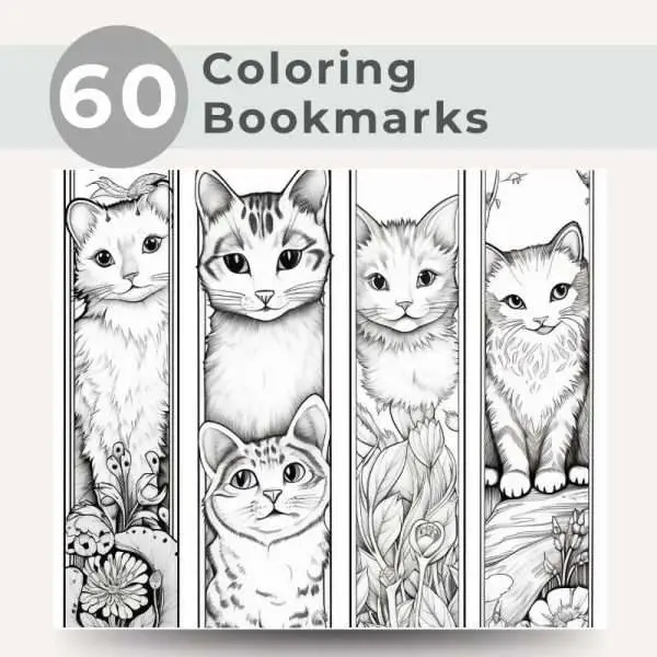 Set of 60 Cat-Themed Printable Bookmarks to Color